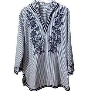 CHICO'S Blue Stripe Embroidered Blouse Size 3